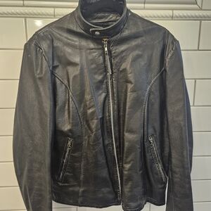 Men's Vintage Size 44 Black Leather Motorcycle Zip-Front Jacket